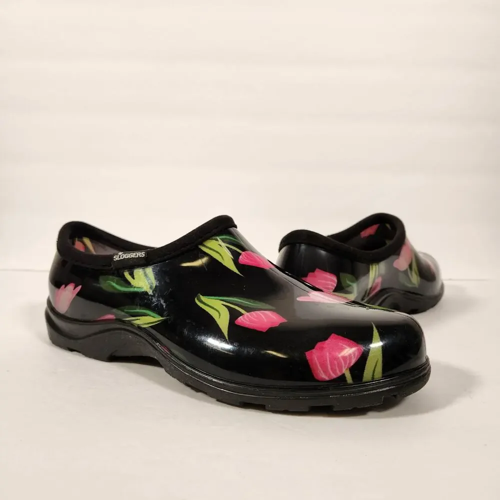 SLOGGERS Garden Shoes Women 10 Black Pink Floral Tulip Farm Cottagecore Country